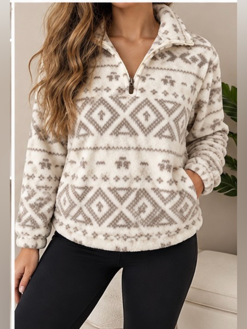 Signature Studio Cream and Taupe Geometric Half-Zip Fleece Pullover